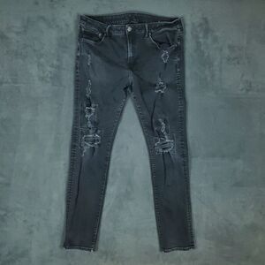 American Eagle Jeans Mens 36x30 Black Airflex Plus Distressed Skinny Stretch